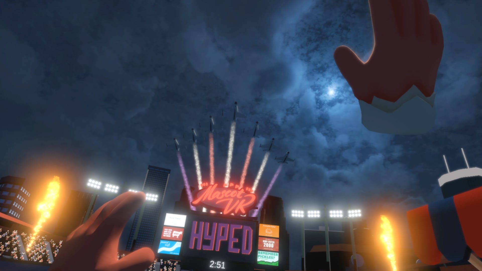 Night stadium scene with "HYPED" sign, fireworks, and giant hands