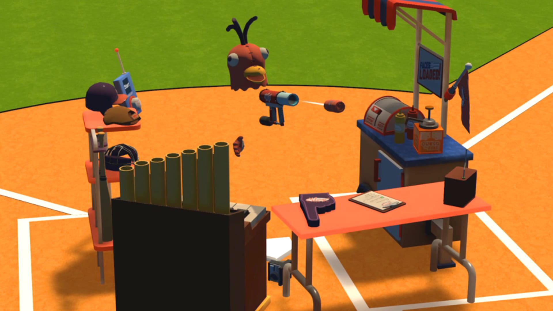 Cartoon bird with antenna floats above orange court with scattered equipment.