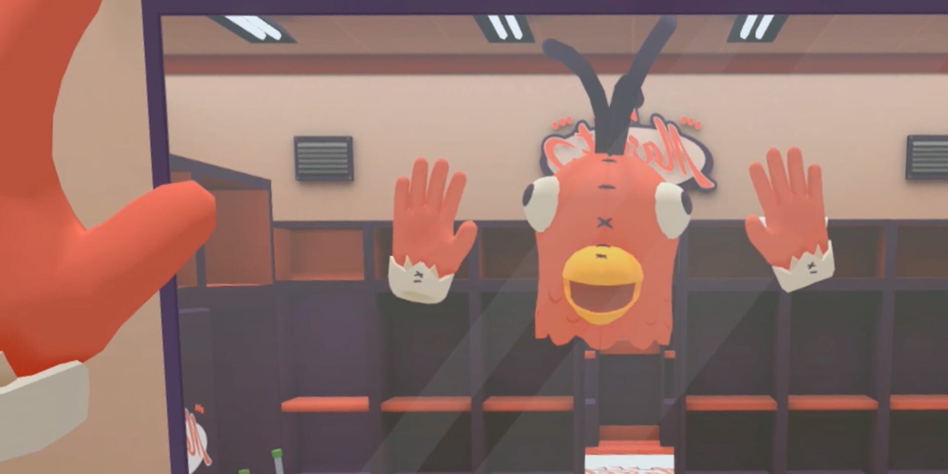 Orange cartoon bird with antennae waving hands through glass in a store