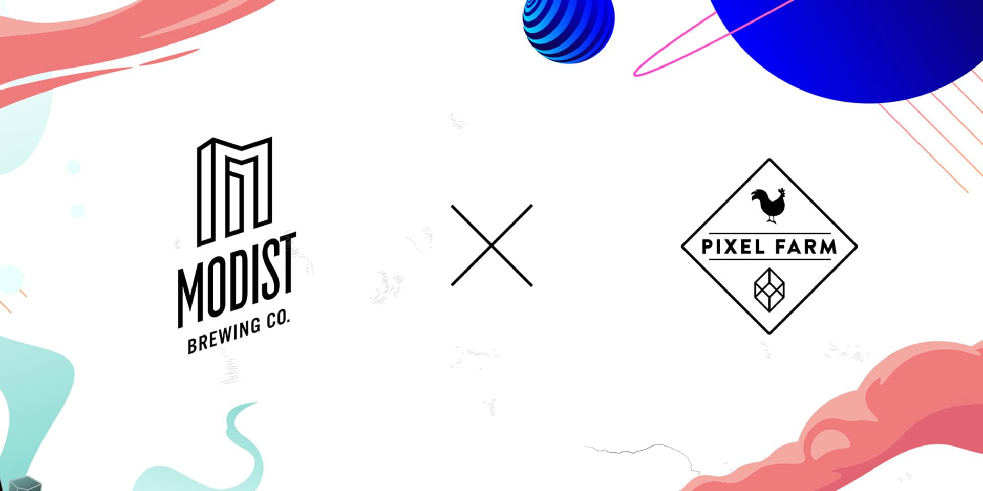 Modist Brewing Co. x Pixel Farm collaboration graphic with colorful abstract shapes