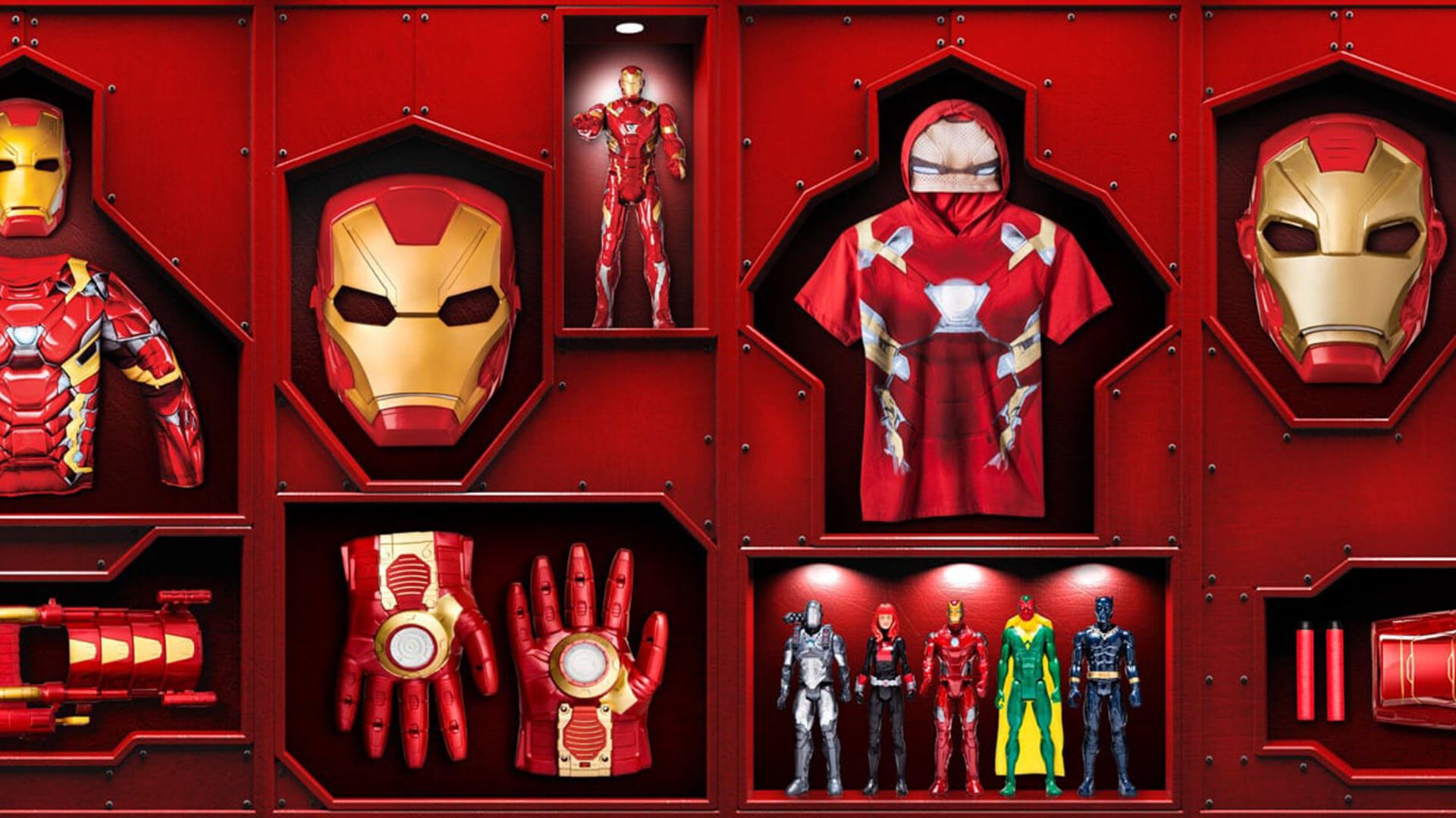 Display of Iron Man merchandise in red-themed showcase cases