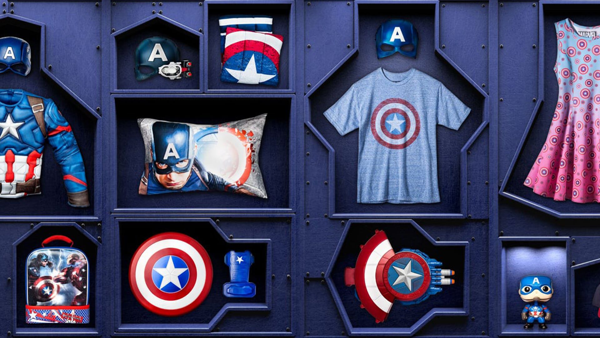 Captain America merchandise display in blue hexagonal shelves