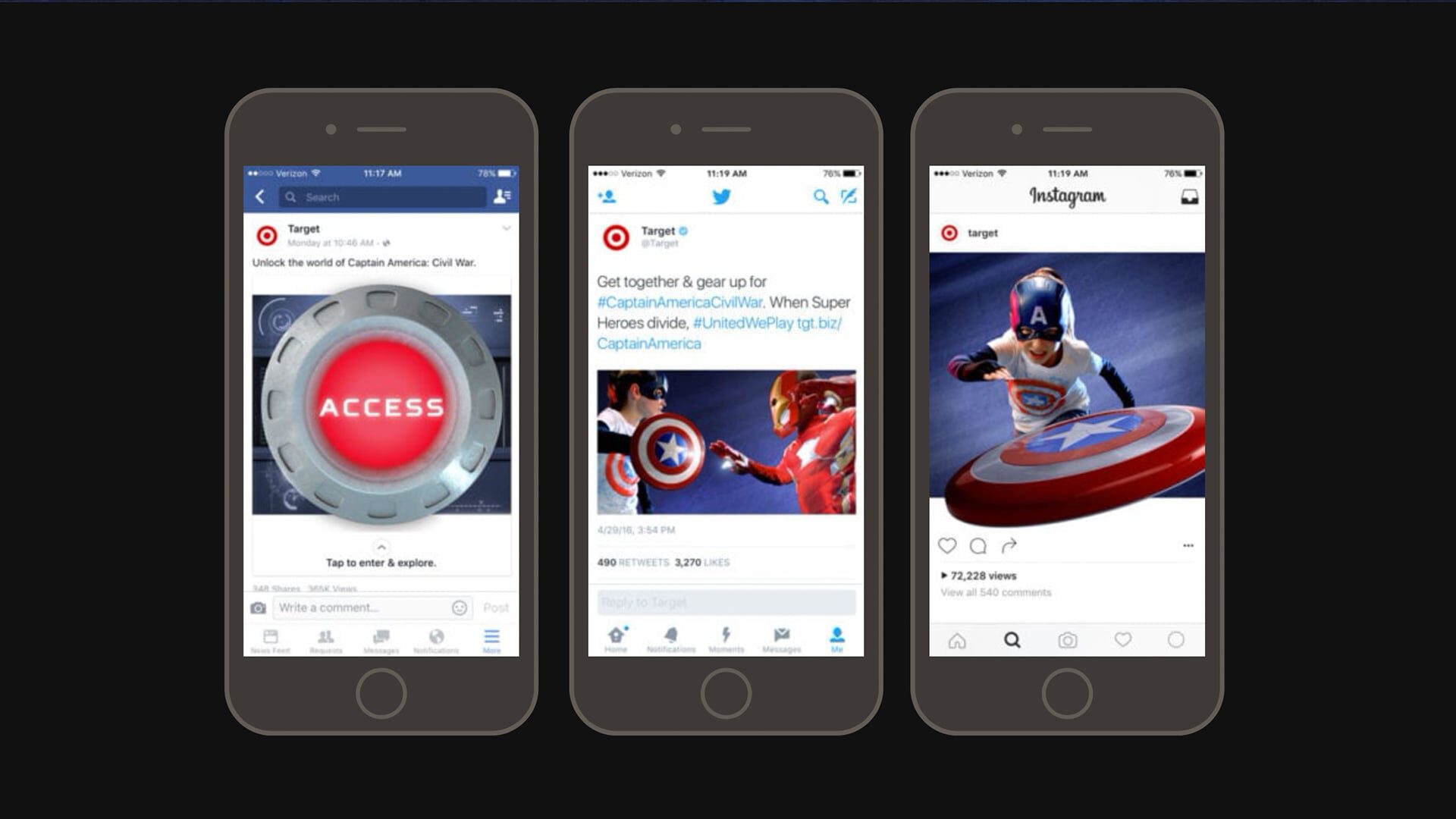 Three smartphones display Target’s Captain America Civil War social media campaign across apps.