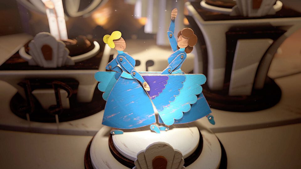 Blue-winged paper dolls with yellow bows, displayed on a white pedestal.