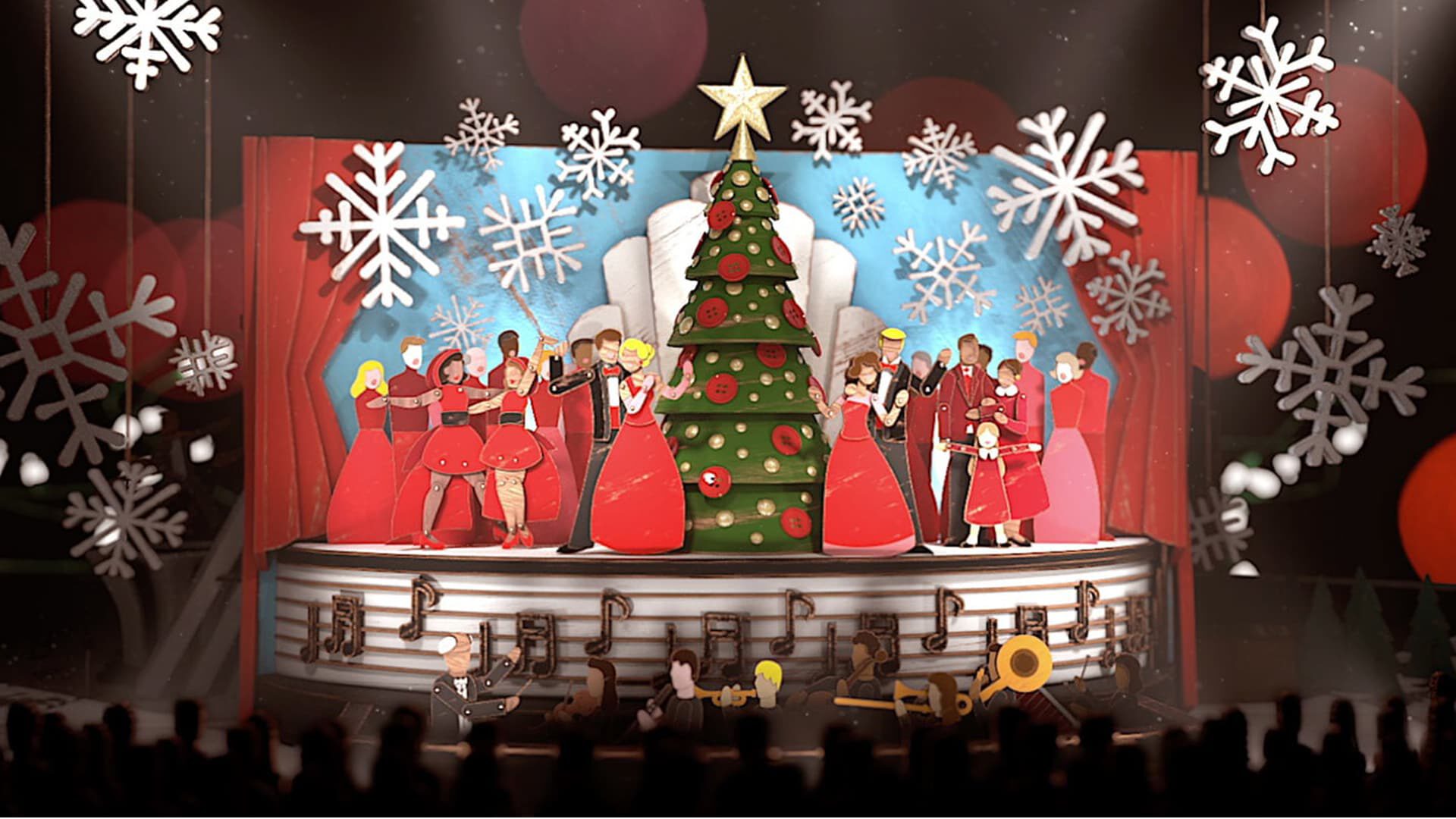 Festive Christmas wood cut animated stage show with choir, tree, and snowflakes