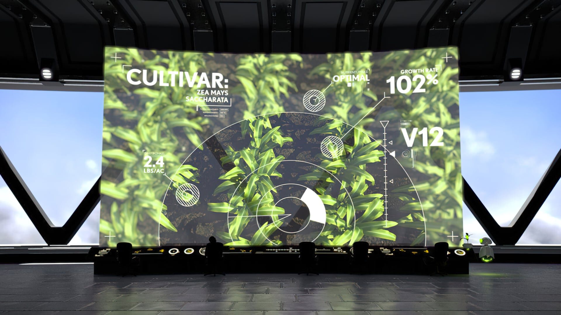 Futuristic control room displays crop data for maize cultivation with growth metrics.