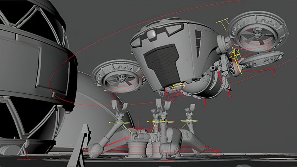 Sci-fi mech with articulated limbs and hovering thrusters, 3D model in development phase