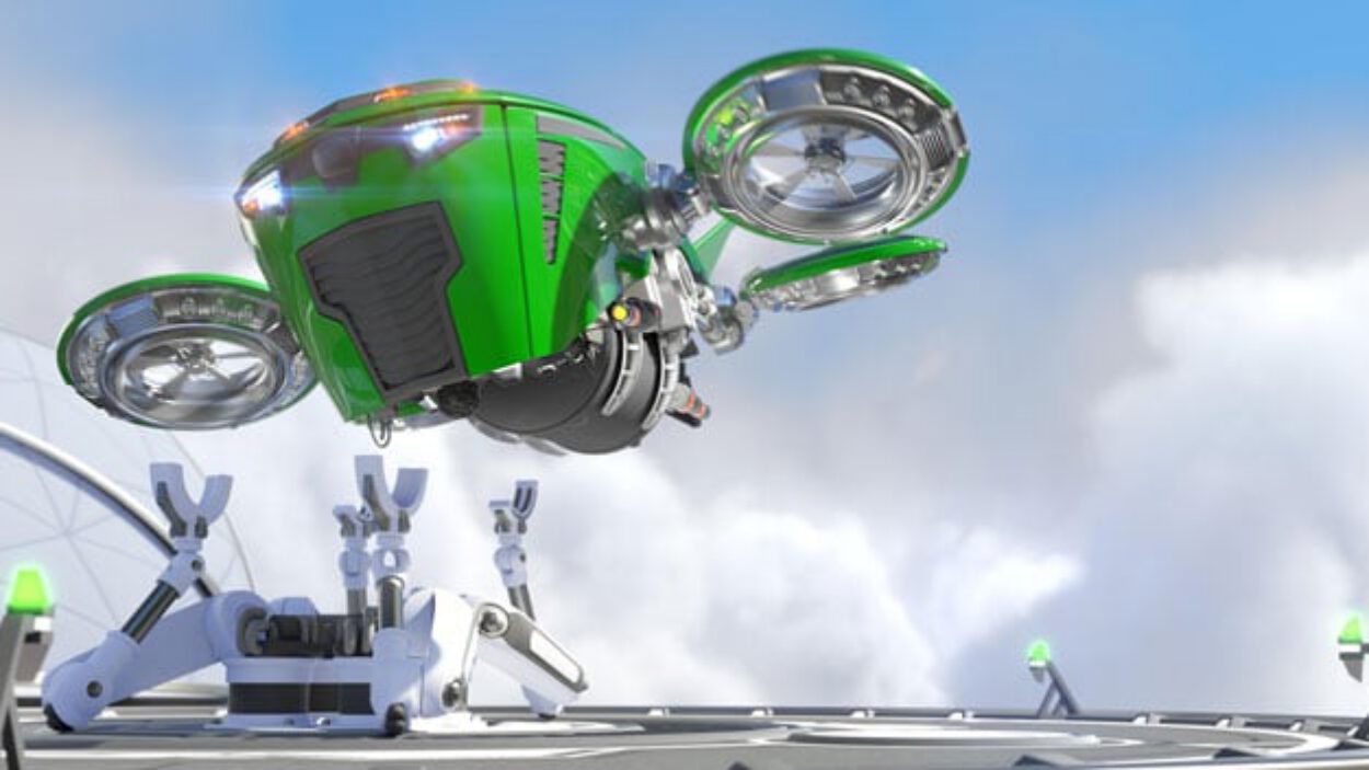 Green futuristic flying vehicle hovering near a modern building