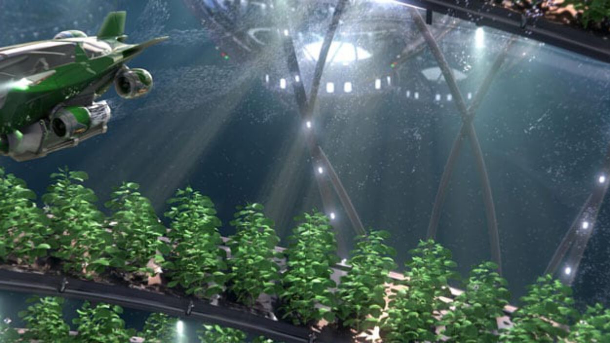 Green spaceship flies over lush indoor garden under glass dome