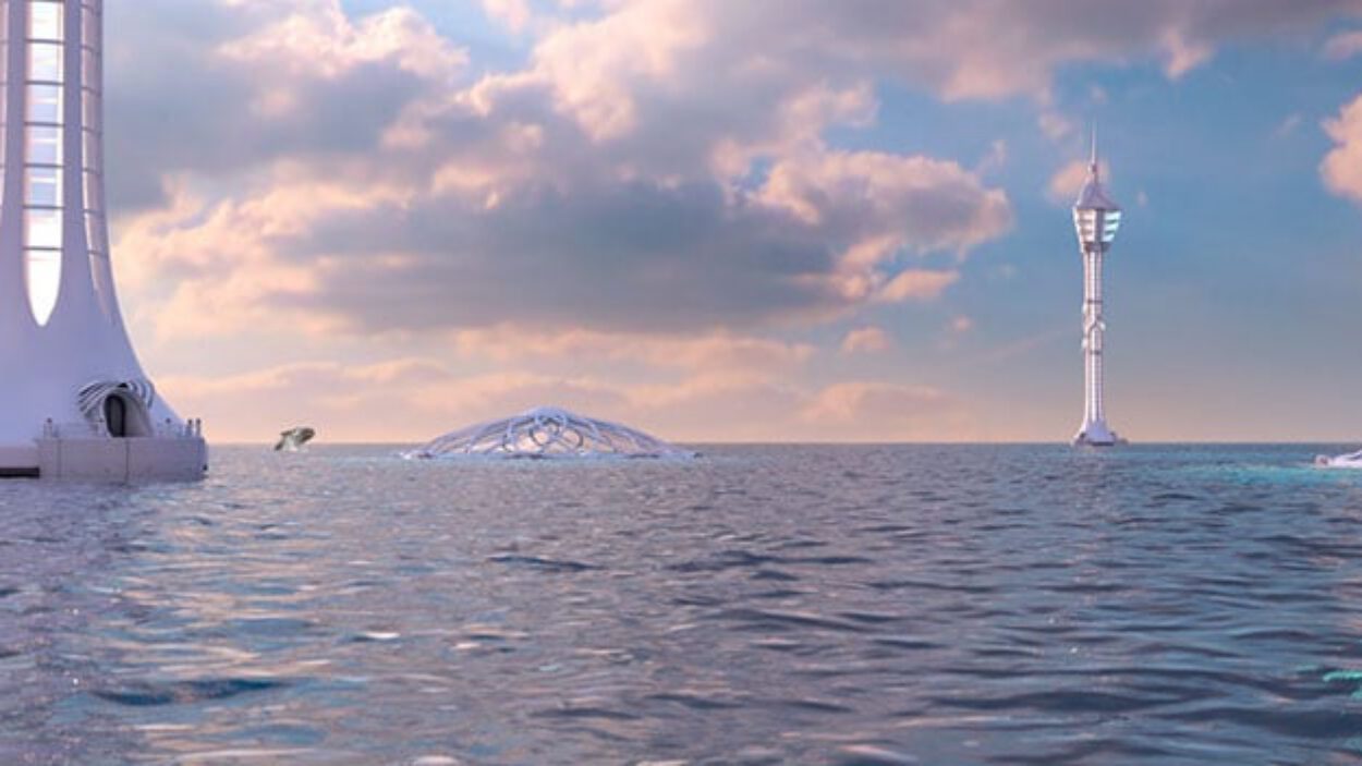 Futuristic white structures emerge from calm ocean under cloudy sky.