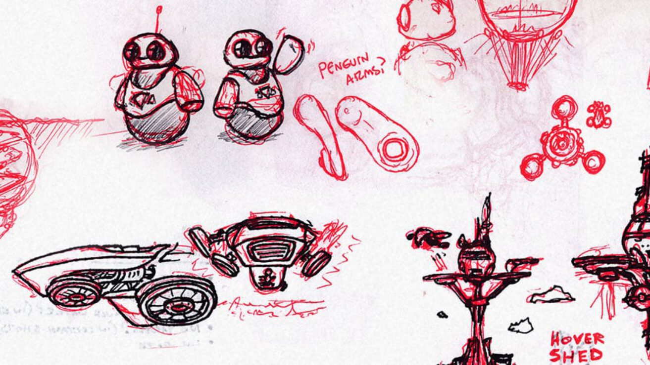 Red ink sketches of futuristic robots, vehicles, and structures with handwritten labels.