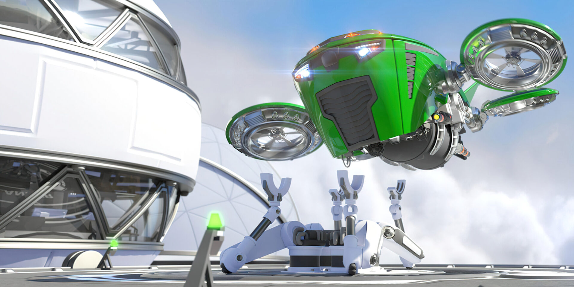 Futuristic green drone hovers near white building with robotic arms