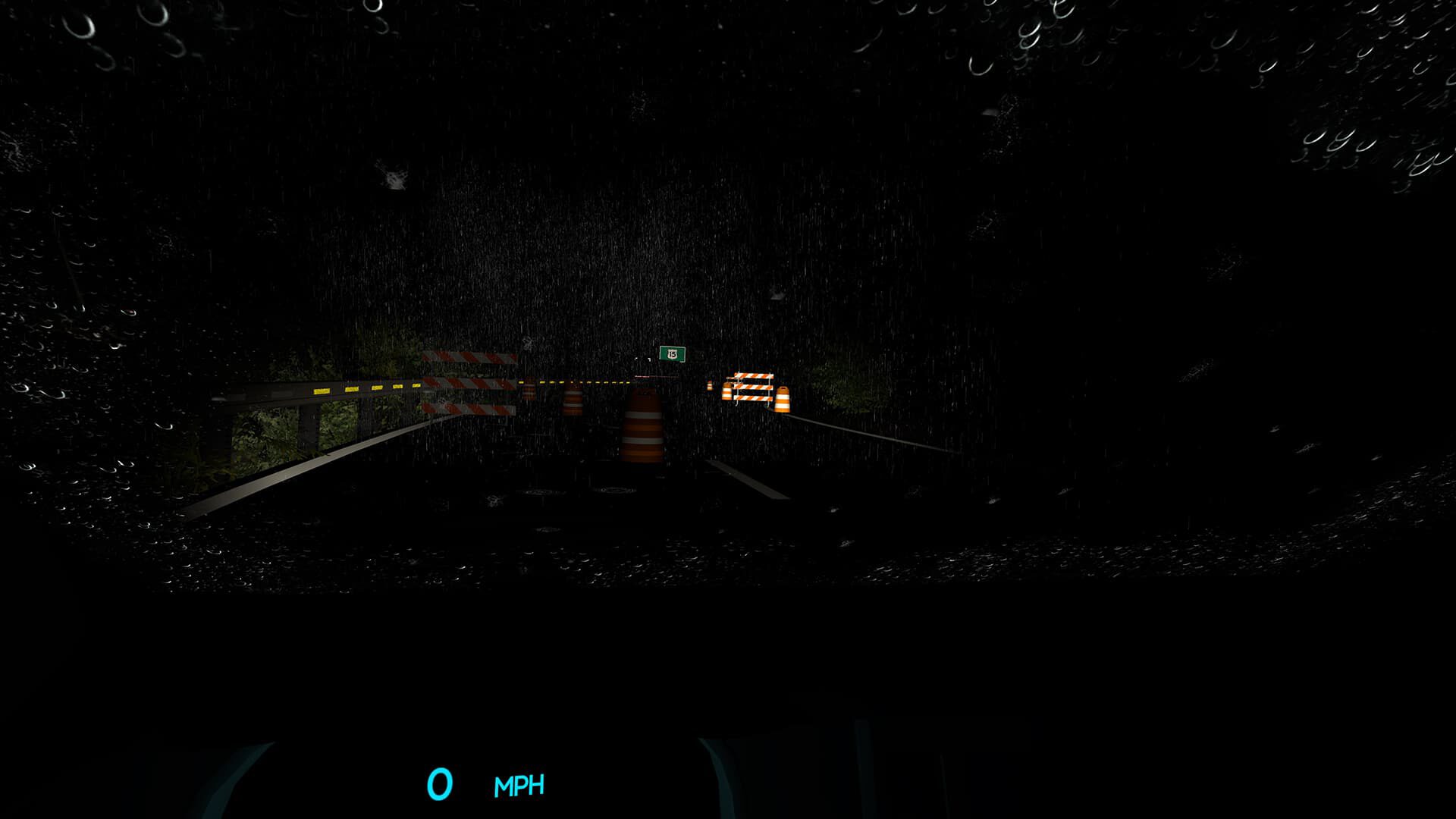 Nighttime driving view through rain-splattered windshield with speedometer at 0 MPH