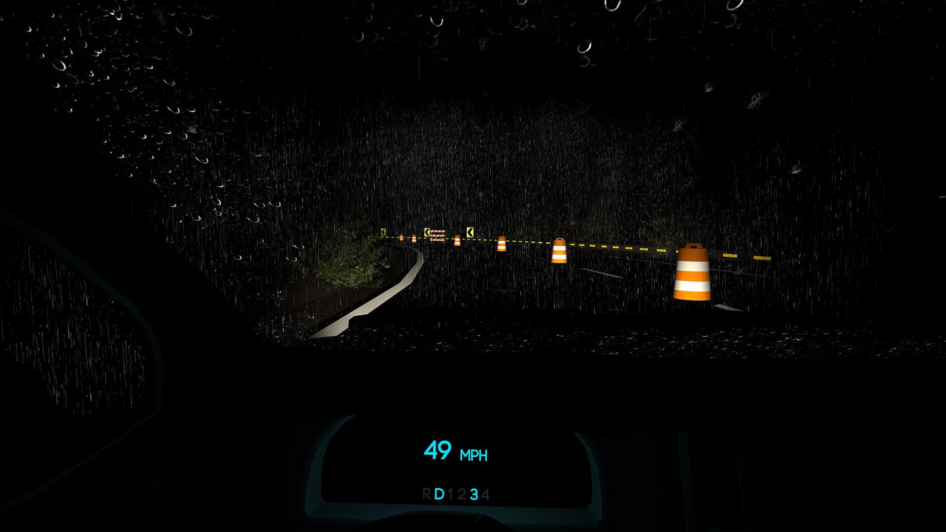 Night driving in rain with road cones and speed display