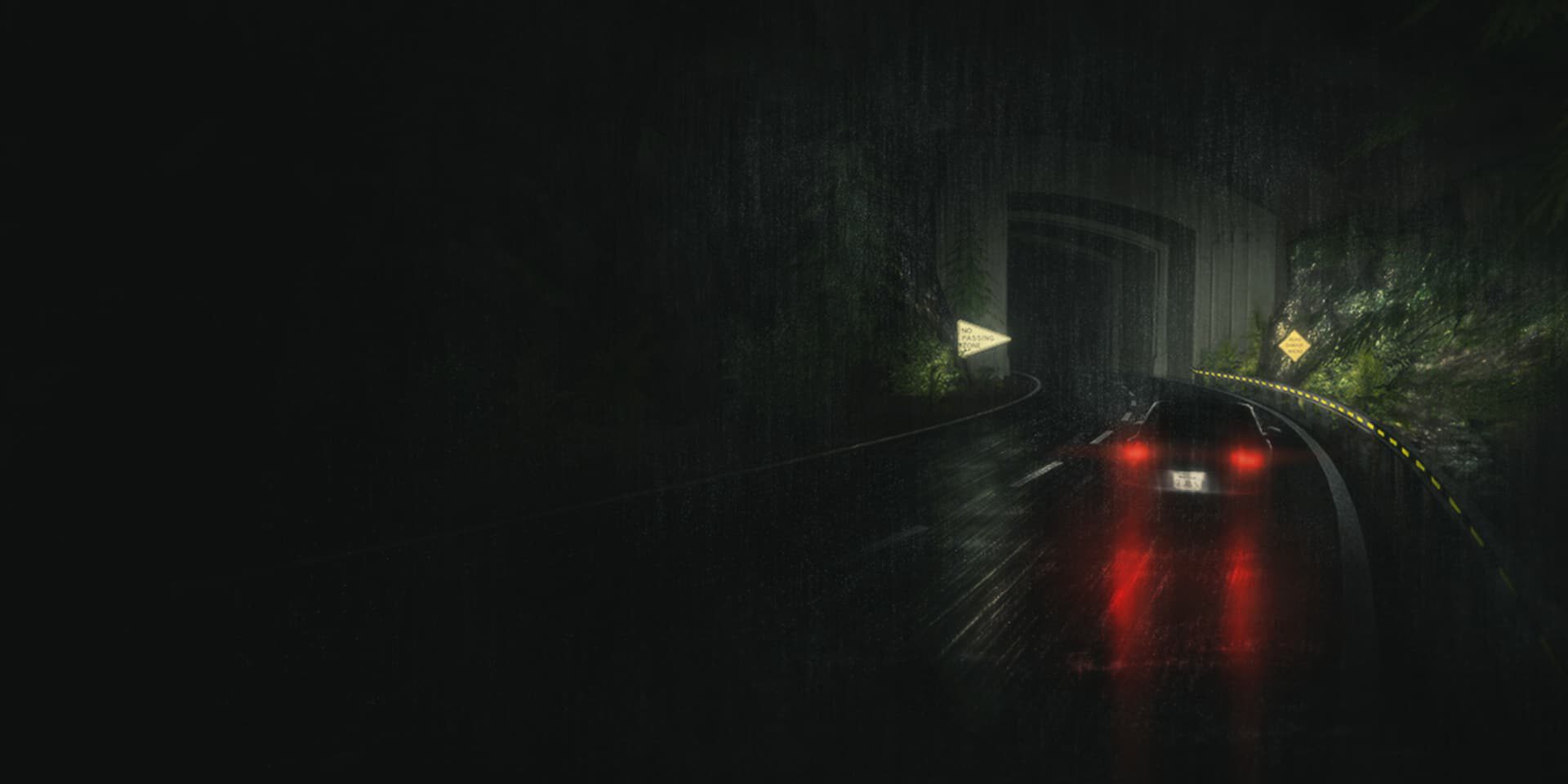 Car drives at night through rainy tunnel, red taillights glowing