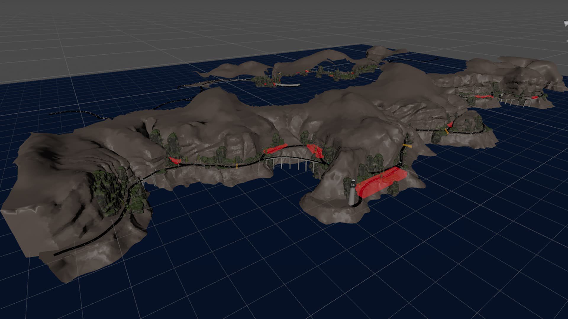 3D terrain model with red highlighted paths and green vegetation