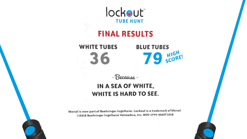 Lockout Tube Hunt results: 36 white, 79 blue tubes; blue wins with high score.