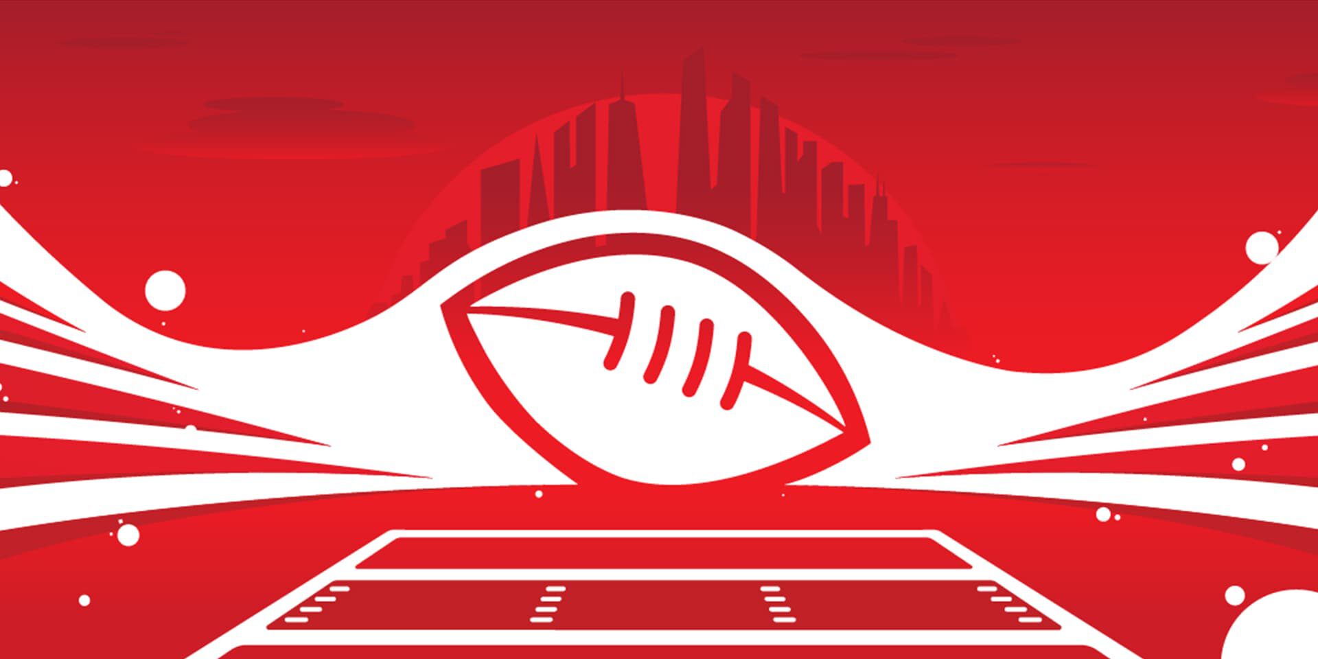 Red and white football graphic with city skyline background