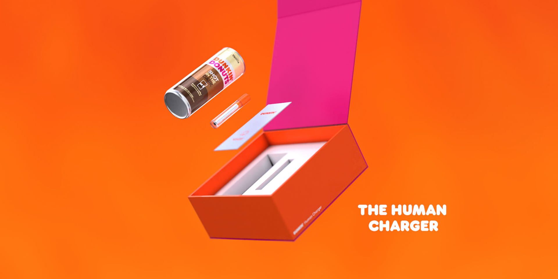 Orange box with floating items and text "The Human Charger"