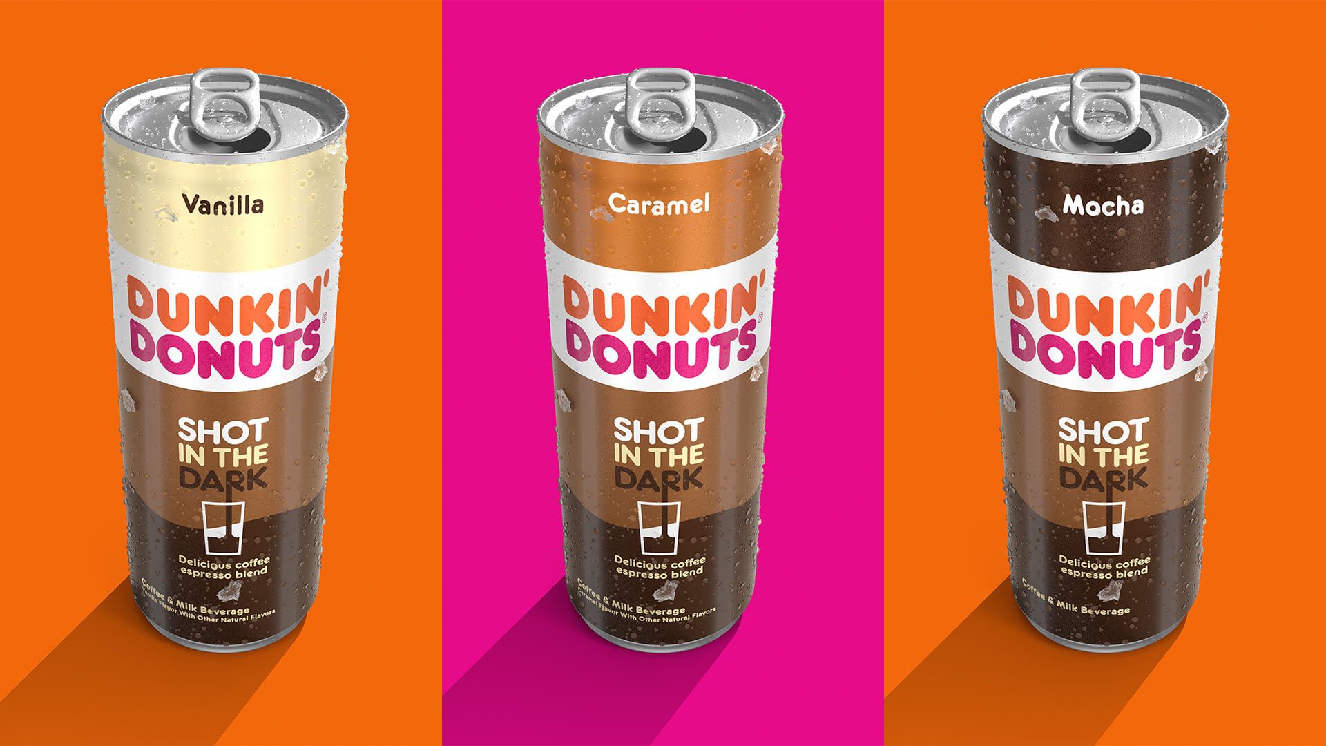Three Dunkin' Donuts canned drinks: Vanilla, Caramel, and Mocha flavors.