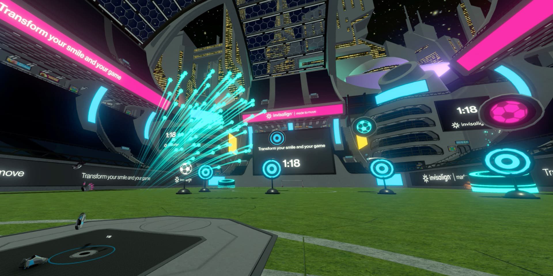Futuristic VR sports arena with neon targets and digital displays