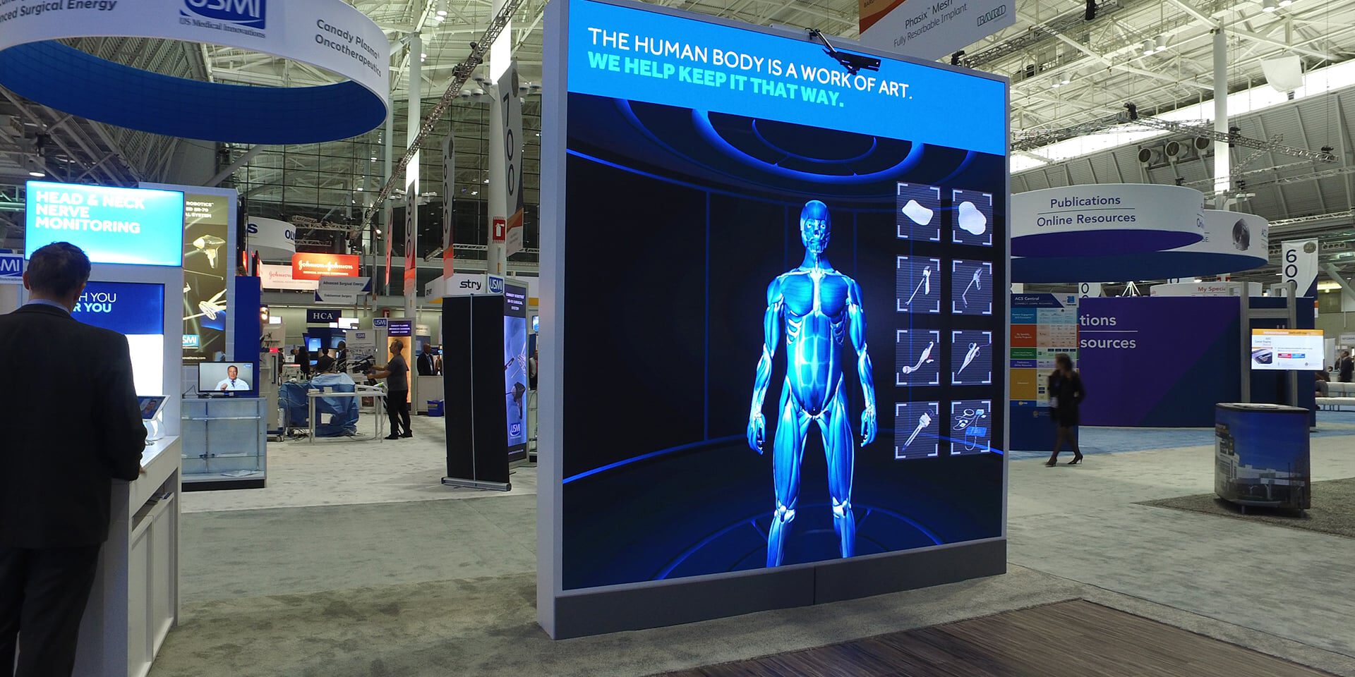 Interactive display showcasing human anatomy with "The Human Body Is a Work of Art" slogan.