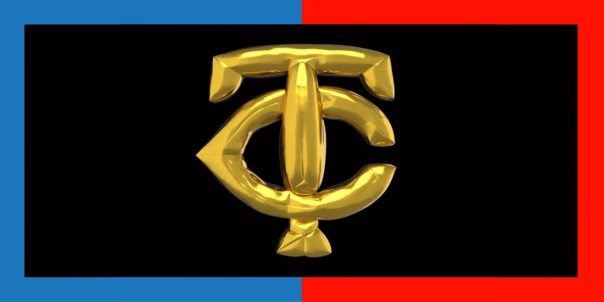 Golden intertwined TC logo on black background, framed by blue and red borders.