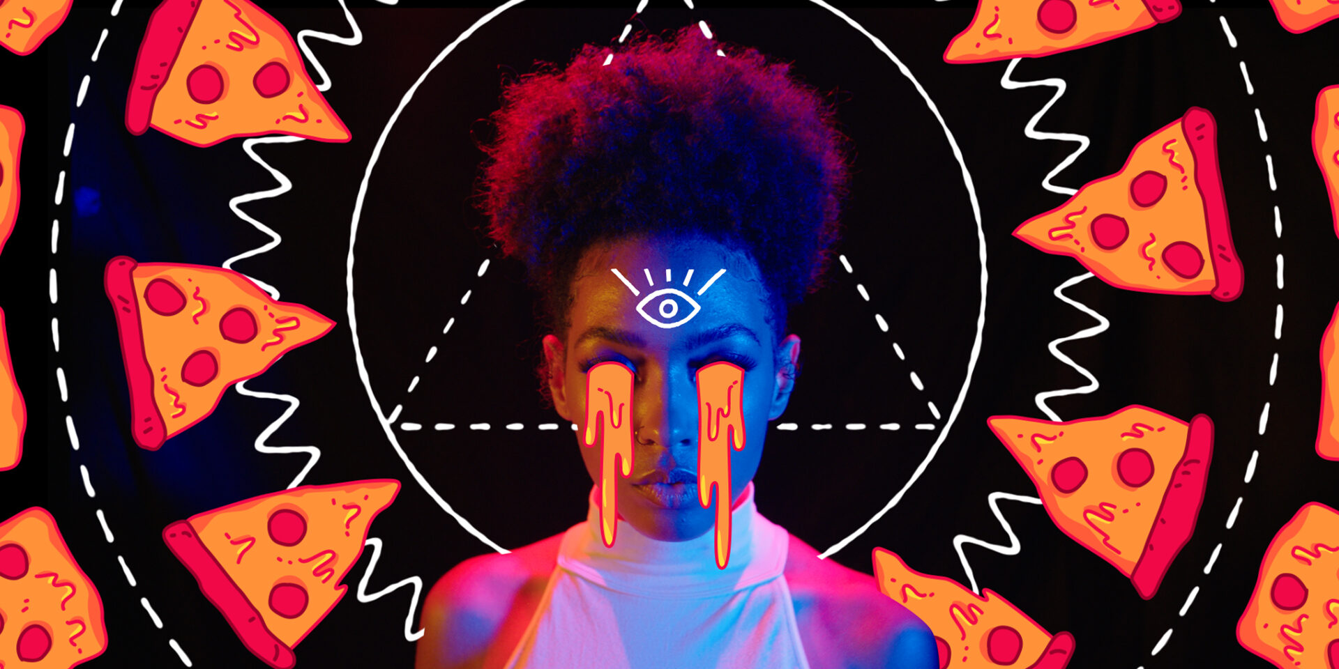 Person with glowing eyes and pizza slices in neon art style