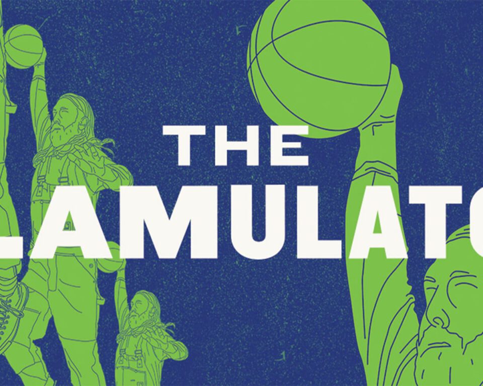 Green illustrated basketball players dunking with "The Slamulator" text on blue background