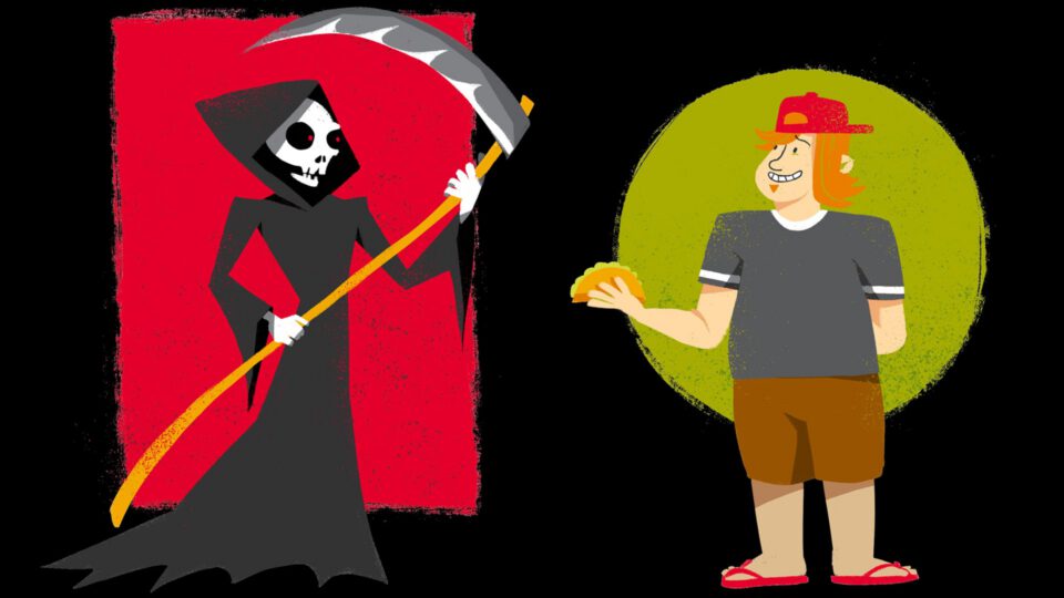 Grim Reaper offers taco to cheerful man in red cap