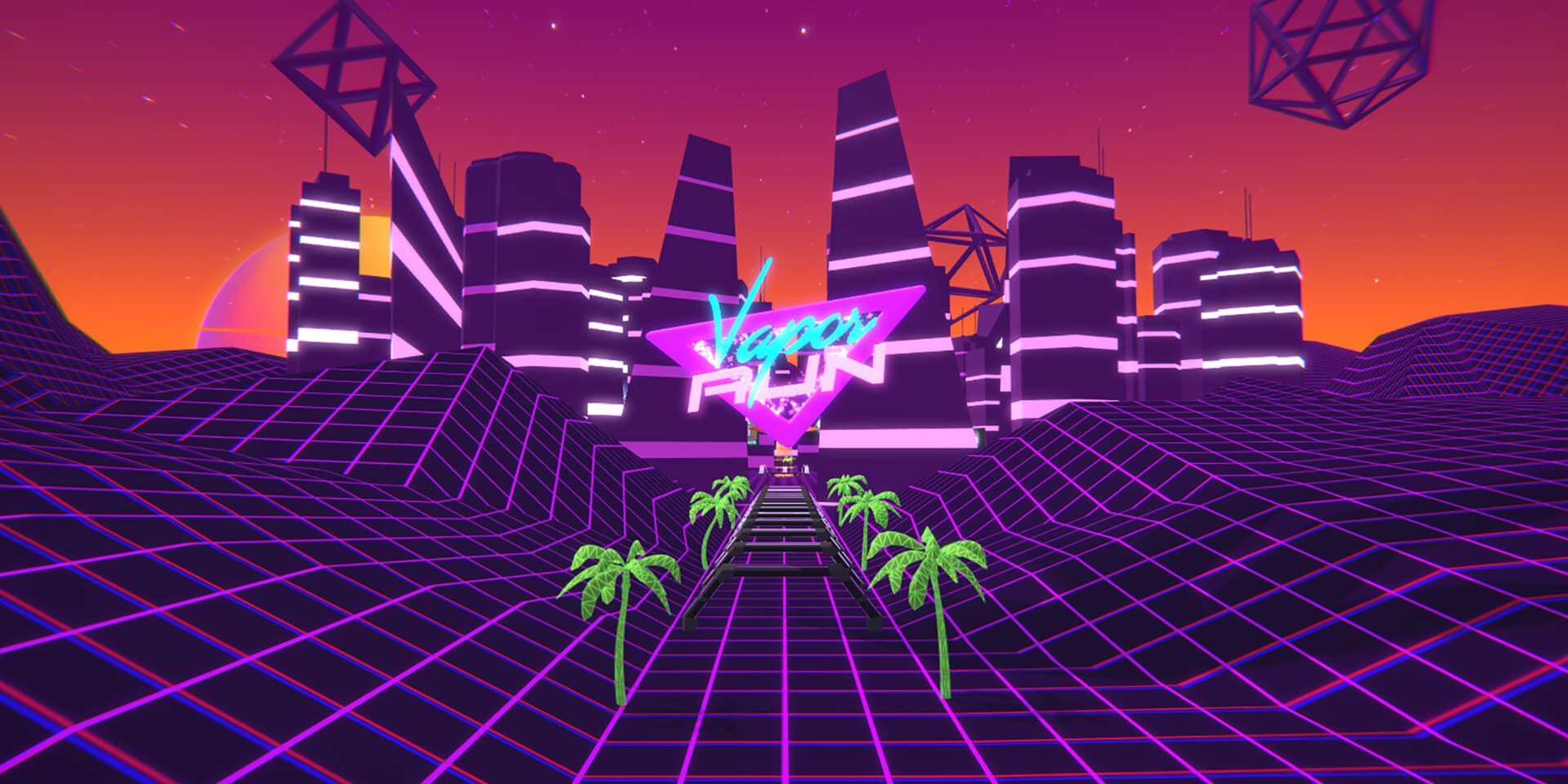 Neon grid cityscape with "Vegas Run" sign under sunset sky