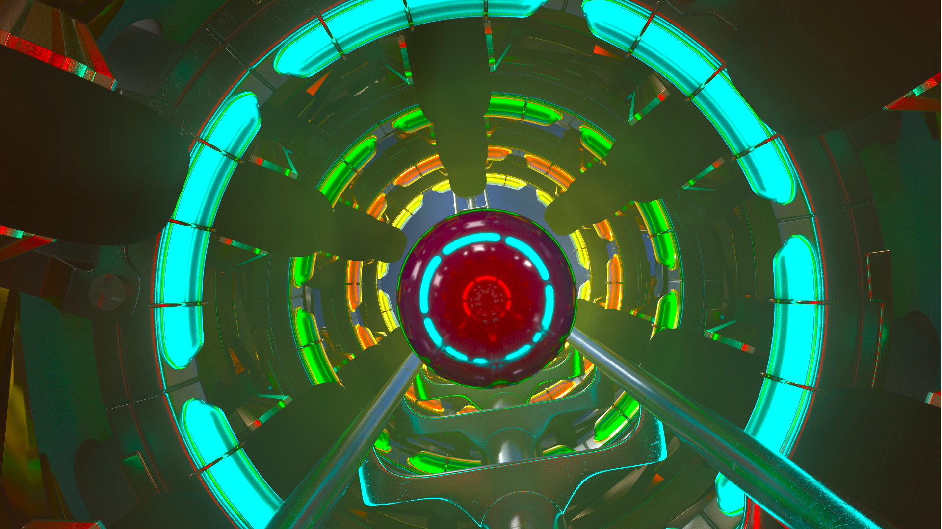 Futuristic neon tunnel with glowing rings and central orb