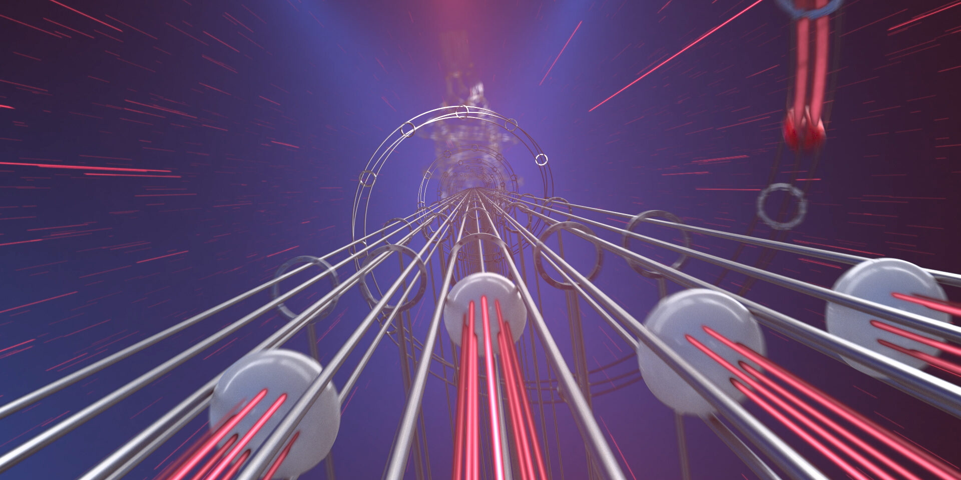 Futuristic roller coaster with red laser beams and metallic structures against a starry purple background.