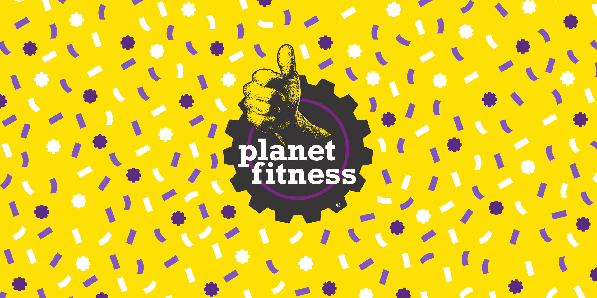 Planet Fitness logo with thumbs-up gear on yellow confetti background