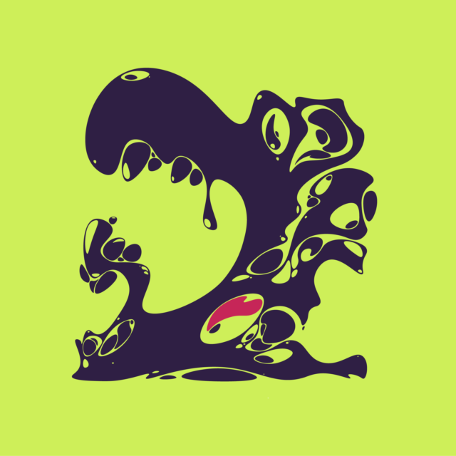 Abstract purple and lime green blob with a red accent