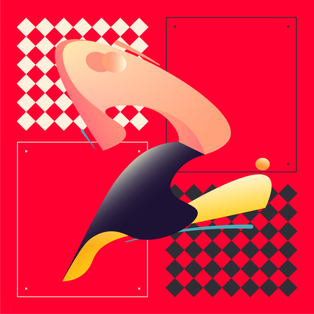 Abstract bird-like figure against red background with checkered patterns