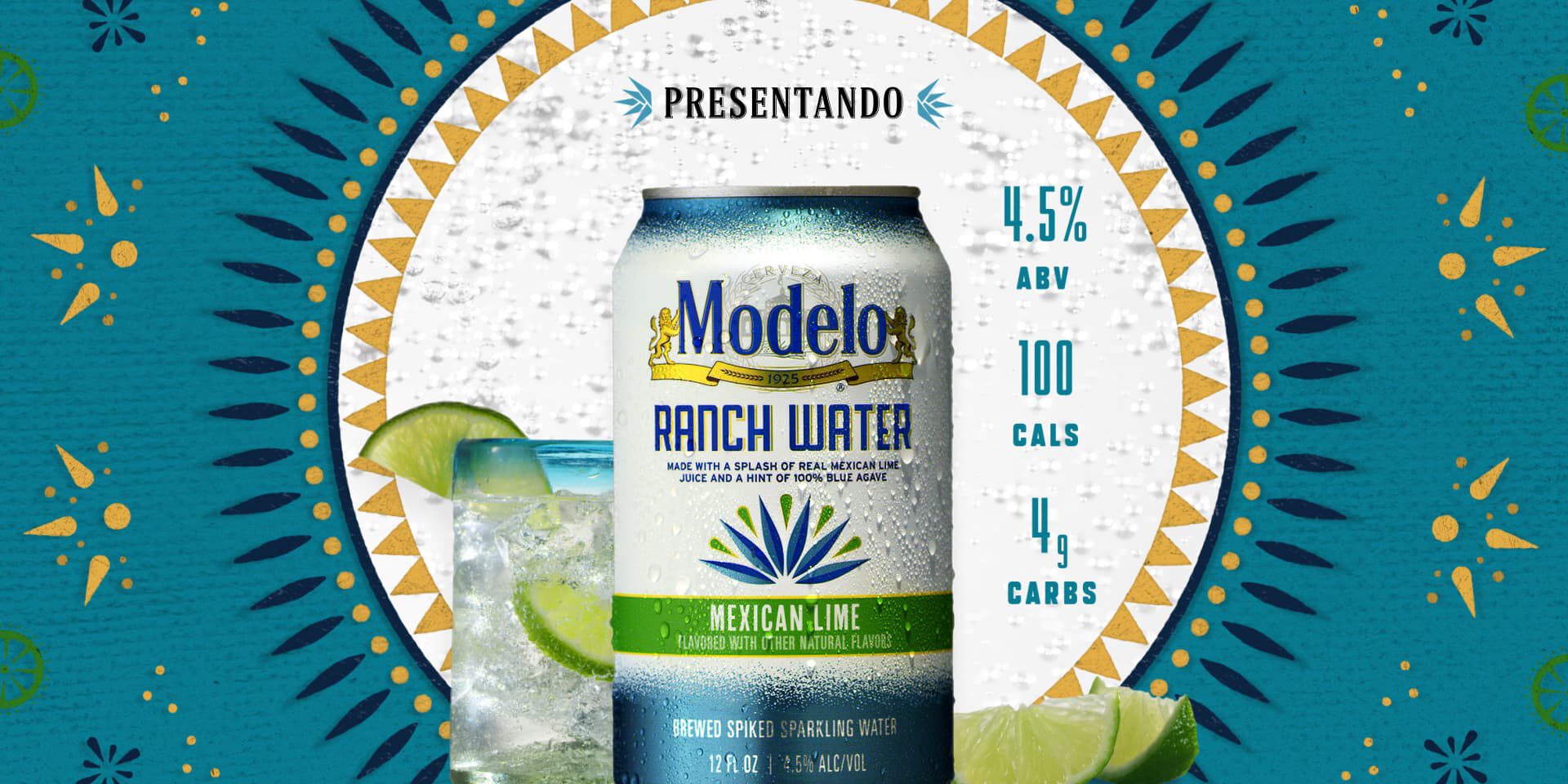 Modelo Ranch Water can with lime garnish, nutritional info, and festive design