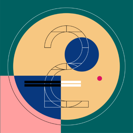 Abstract geometric design with circles, lines, and blocks in teal, peach, blue, and pink.