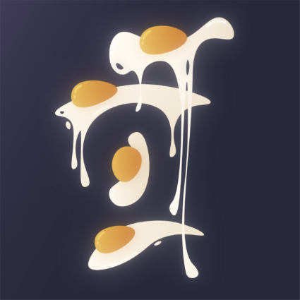 Abstract art of dripping eggs with yolks against dark background