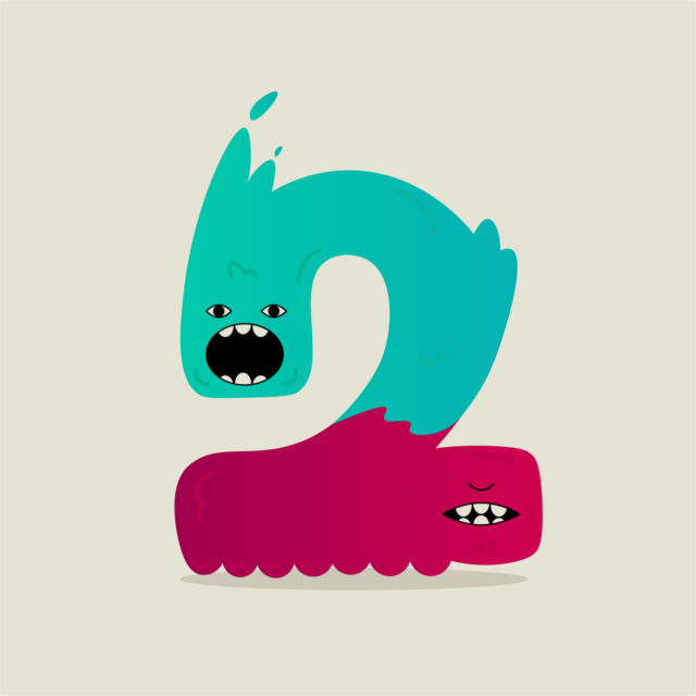 Two cartoon monsters shaped like the number 2, one teal screaming, one magenta smiling