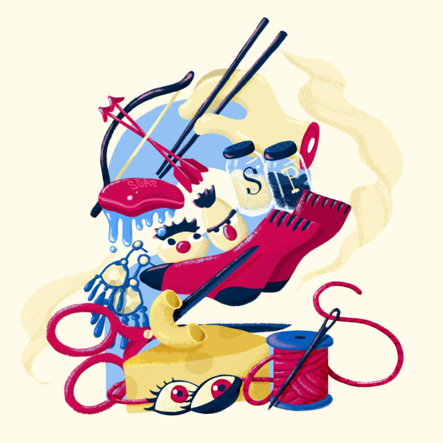 Collage of kitchen and sewing items with eyes and arrows, including "SOAP" and "SIP" jars.