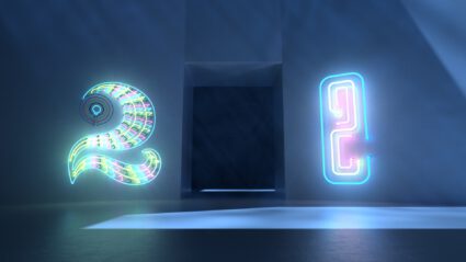 Neon numbers "2" and "2" in stylized fonts, glowing in a dark room with a doorway in between.