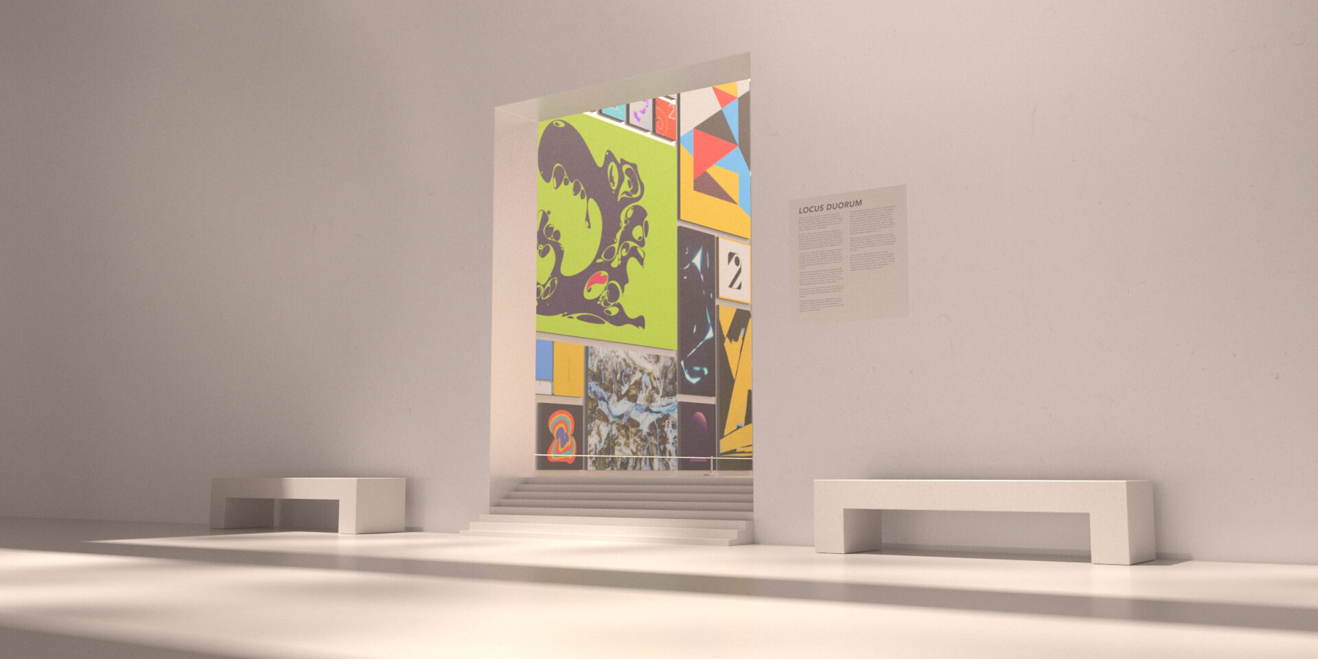 Modern art gallery with colorful abstract mural and minimalist benches