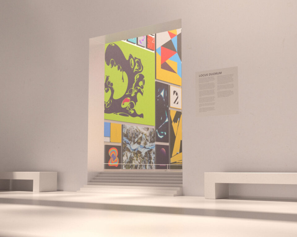 Modern art gallery with colorful abstract pieces and minimalist benches