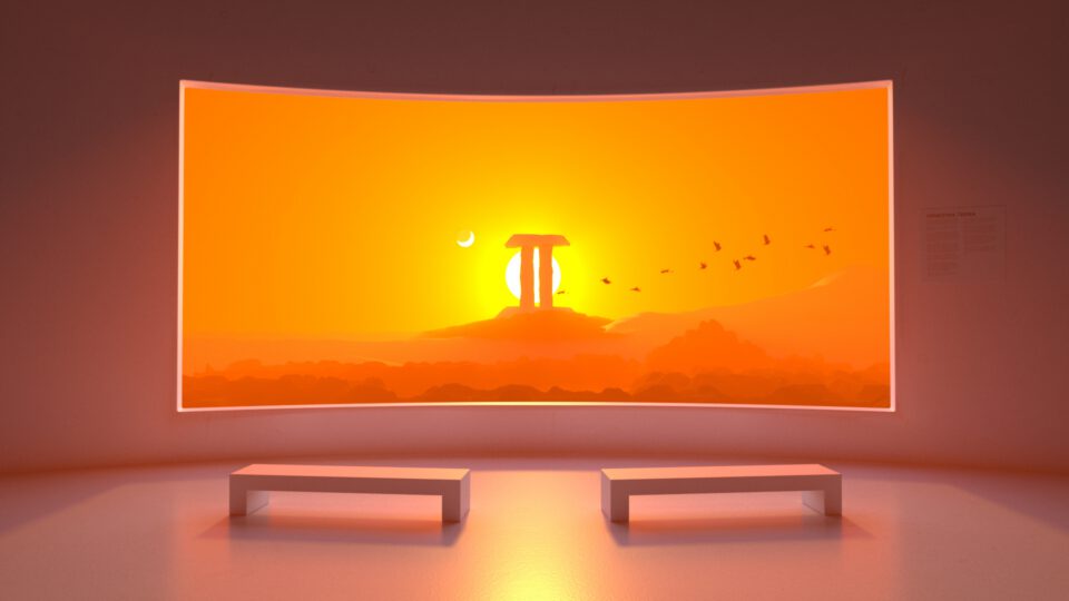 Curved screen displays orange sunset with temple silhouette and flying birds.