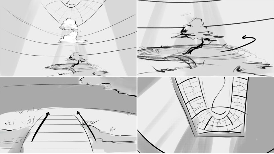Four-panel sketch showing abstract landscapes, paths, and architectural elements with directional arrows.