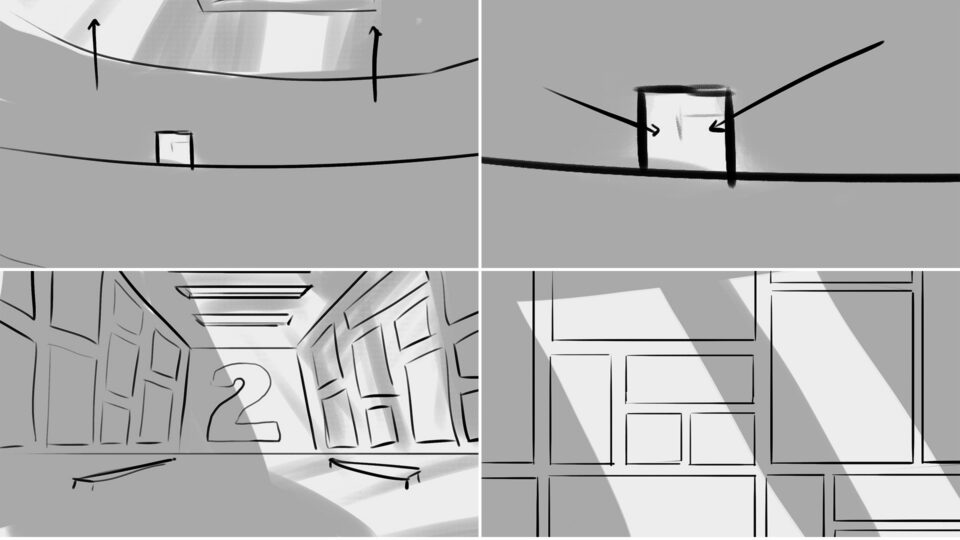 Four-panel sketch showing abstract architectural elements and a large number "2" in a corridor.