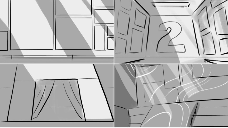 Four-panel storyboard showing room transitions with number 2 and curtains