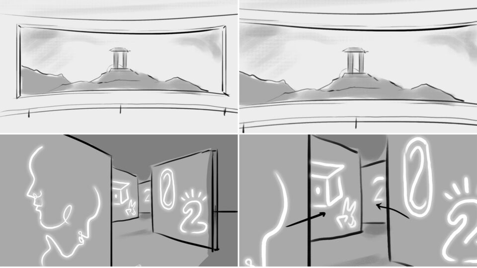 Person views abstract neon art in gallery, including numbers and symbols.