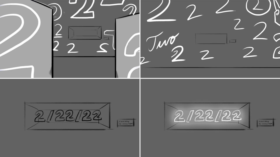 Four-panel storyboard showing number "2" evolving into date "2/22/22" with chalkboard-style visuals.
